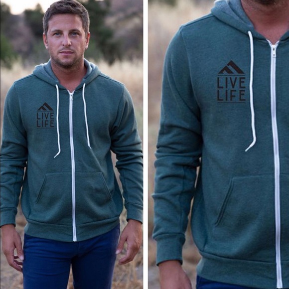 New! Mens Hunter Green Live Life Zip Up Hoodie - Picture 2 of 3